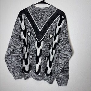Street Scenes Vintage Chunky-Knit Sweater Leather, Mens, Geometric 80/90's Sz M
